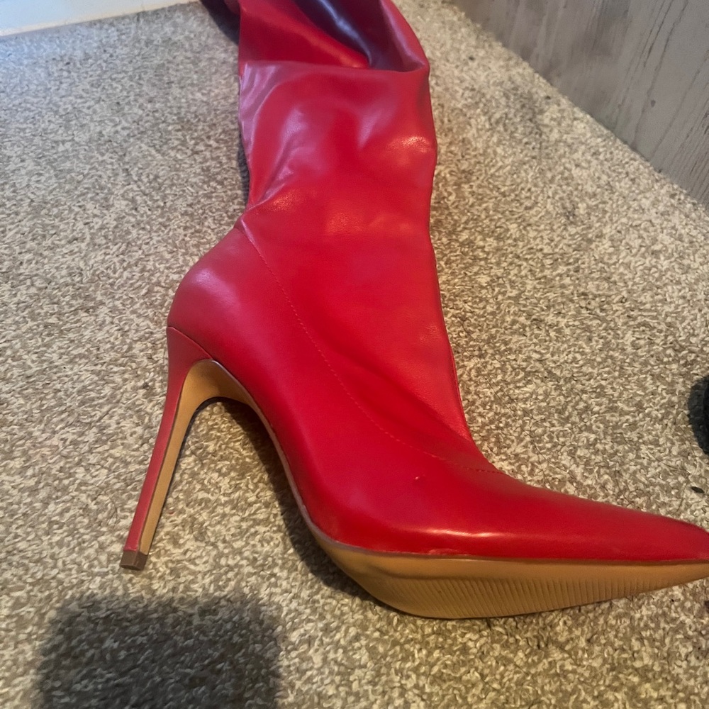 Thigh high red boots faux leather